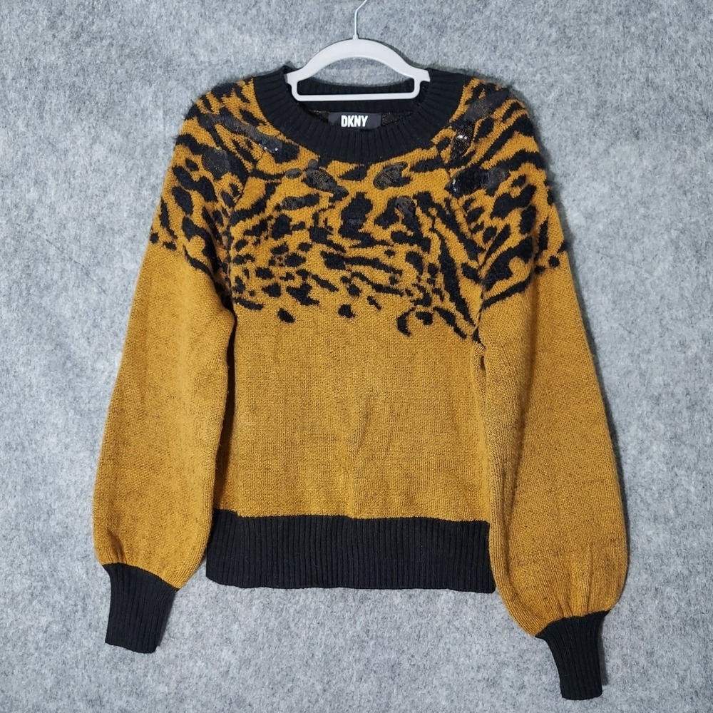 DKNY Women Sweater S Brown Tiger Sequin Puff Sleeve Ribbed Knit Animal Mob Wife
